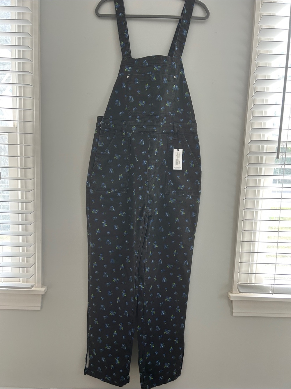 WeWoreWhat aBlack Overalls with Small Blue Floral Print